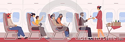 People sit on armchair at airplane side view vector flat illustration. Friendly stewardess with food and drink cart in Vector Illustration