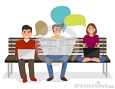 People sit on the bench and share information. A man reads a newspaper and a girl freelancer works on a laptop. Cartoon Illustration