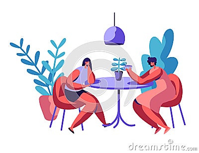 People Sit at Cafeteria Table Drink Coffee or Tea Talk Set. Business Man and Woman have Lunch Break Lovers Couple Dinner Vector Illustration