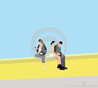 People sit on the edge of bridge using cellphones near river. Vector Illustration