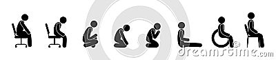 People sit in various poses, stick figure man icon, pictogram human silhouette Stock Photo