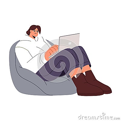 People sitting on bean bag with laptop. Woman study at home, employee work remote, girl writing, typing on computer Vector Illustration