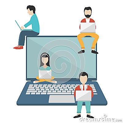 People sitting on big notebook. Social network web site. Surfing concept illustration of young people using lap top Cartoon Illustration