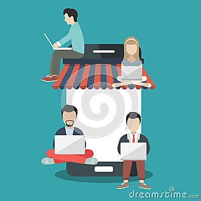 People sitting on big smart phone. Surfing concept illustration of young people using lap top to shop on line. Flat illustr Vector Illustration