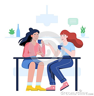 People sitting in cafe and drink coffee. Friends chatting. Two female Vector Illustration