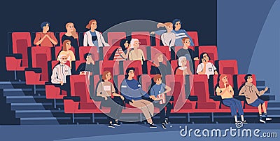 People sitting in chairs at movie theater or cinema auditorium. Young and old men, women and children watching film or Vector Illustration