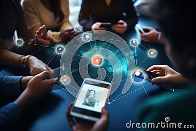 People sitting in circle connecting to internet network and transferring information via phones Stock Photo