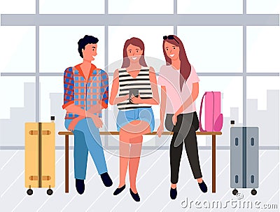 People Sitting in Departure Lounge, Friends Vector Vector Illustration