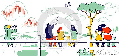 People Sitting on Fence Rear View. Happy Family Mother, Father and Daughter Looking on Bird, Loving Couple Embracing Vector Illustration