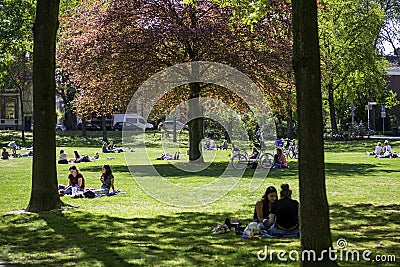 People sitting and have a picnic in a city park and are maintaining social distancing due to the coronavirus covid-19 pandemic Editorial Stock Photo