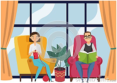 People sitting at home together and having rest. Knitting lady and man in glasses reading book Vector Illustration