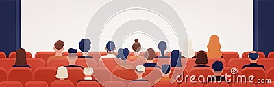 People sitting in movie theater or cinema hall and looking at projection screen. Man and women watching film or motion Vector Illustration