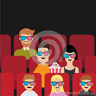 People sitting in movie theater eating popcorn. Love couple, kids, man, children. Vector Illustration