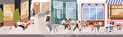 People sitting, waiting order on restaurant summer terrace. Table outside cafe, coffee shop, coffeehouse patio. City Vector Illustration