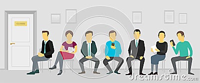 People sitting and waiting in the queue door to office. Recruitment business casting Vector Illustration