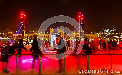 People skating on outdoor ice skating rink on King Tomislav square, Zagreb, Croatia Editorial Stock Photo