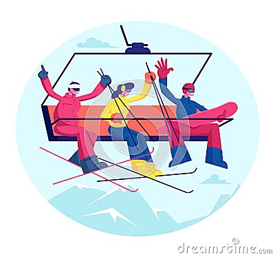 People at Ski Resort Holidays. Skiers and Snowboarder with Equipment Go Up Mountain Funicular. Group of Friends Vector Illustration