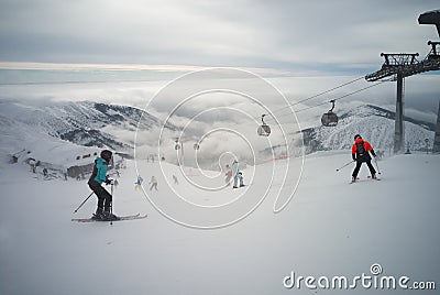 People Skier skiing in ski resort . Stock Photo
