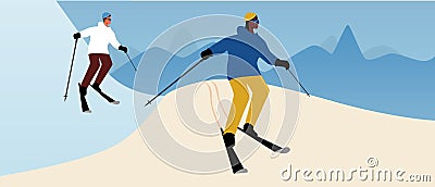 People Skiing Downhill Skiing, Flat Vector Stock Illustration with Friends or LGBTQ Couple Skiing Together in the Mountains Cartoon Illustration