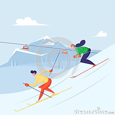 People Skiing. Man and Woman Skiers Riding Downhills at Winter Season. Sport Activity Lifestyle on Mountain Resort Vector Illustration