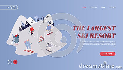 People Skiing, Snowboarding Website Landing Page. Man and Woman Characters Winter Season Sport Activity at Mountain Vector Illustration