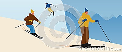 People on skis, downhill skiing, flat vector stock illustration with friends skiing and happy downhill, alpine skiing as a sport Cartoon Illustration