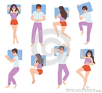 People sleep poses. Men and women in different sleeping positions, girls and boys in pajamas lying, top view, recumbent Vector Illustration