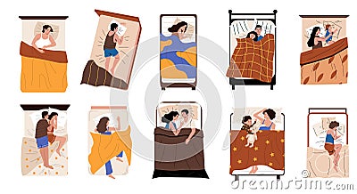 People sleeping in bed. Cartoon characters lying under blankets, dreaming and resting, various young and adult Vector Illustration