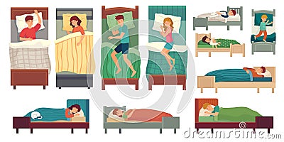 People sleeping in beds. Adult man in bed, asleep woman and young kids sleep vector illustration set Vector Illustration