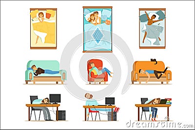 People Sleeping In Different Positions At Home And At Work, Tired Characters Getting To Sleep Set Of Illustrations Vector Illustration