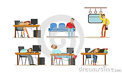 People Sleeping In Different Positions in Various Places Vector Illustrations Vector Illustration