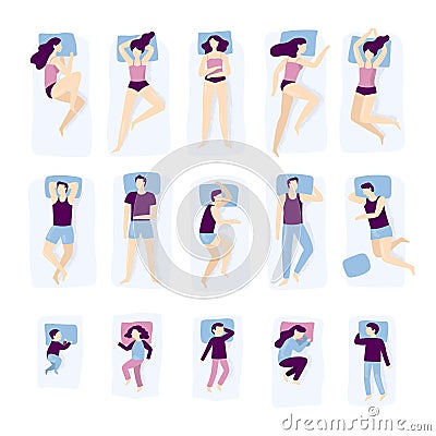 People sleeping poses. Adult and child sleep pose. Man on pillow, woman and young kids sleeping in bed isolated vector Vector Illustration