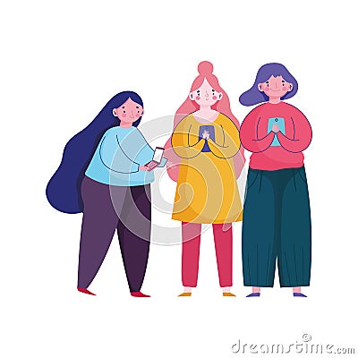 People and smartphone, group women using mobile texting chatting cartoon Vector Illustration