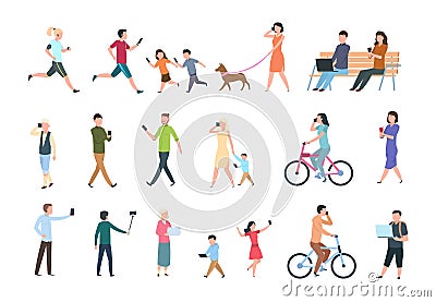 People with smartphones. Many women and men with phones. Persons with gadget taking selfie. Vector characters Vector Illustration