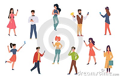 People with smartphones. Men and women talking on phone, checking social media texting. Catch wifi signal taking selfie Vector Illustration