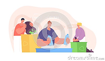 People sorting garbage. Environment, cleaning trash. Collect waste in container for recycle. Protection planet, eco Vector Illustration