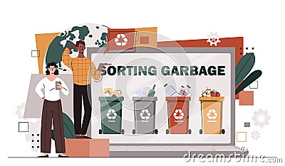 People sorting garbage vector Cartoon Illustration