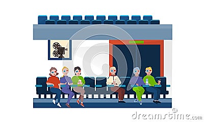 People, spectators, in cinema hall on the seats, theater hall. Vector Illustration