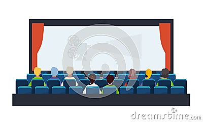 People, spectators, in cinema hall on the seats, theater hall. Vector Illustration