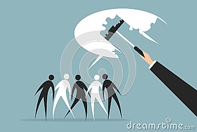 A big hand removing a group of people`s speech bubble painted on the wall Vector Illustration