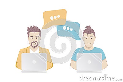 People with speech bubble and laptops. Isolated on a white background Vector Illustration