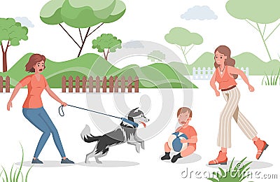 People spend time outdoor in urban park vector flat illustration. Dog owner, mother and child. Vector Illustration