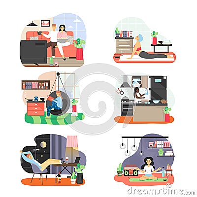 People spending free time at home, flat vector illustration. Sport, hobby and leisure activities. Everyday home routine. Vector Illustration