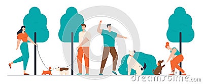 People Spending Time with Pets Outdoors. Male and Female Characters Walking and Training Dogs in Summer Park Vector Illustration