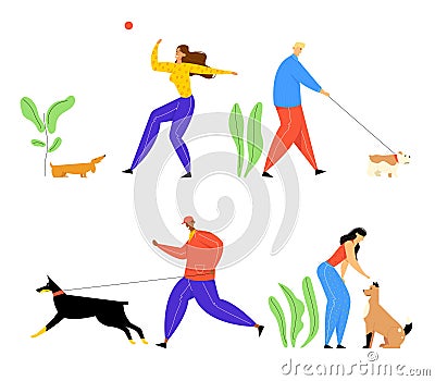 People Spending Time with Pets Outdoors Set. Male and Female Characters Walking and Playing with Dogs, Relaxing Vector Illustration