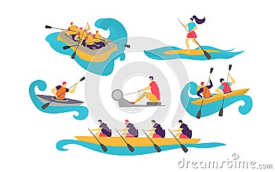 People sport team in boat on water women, man boating with paddle in canoe tourism vector illustration isolated on white Vector Illustration