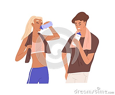 People in sportswear drinking fresh water from bottles after training. Couple of happy thirsty man and woman with aqua Vector Illustration