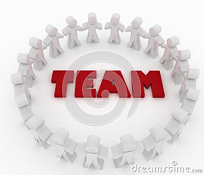 People stand around the word team Cartoon Illustration