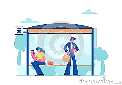 People Stand on Bus Station. Woman Sitting on Bench Reading Messages on Smartphone, Businessman Watching on Watches Vector Illustration