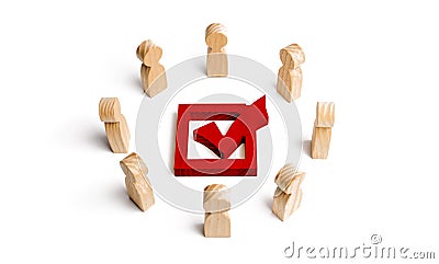 People stand in a circle and look at the red check mark in the box. election, poll or referendum. Poll people. Voters participate Stock Photo